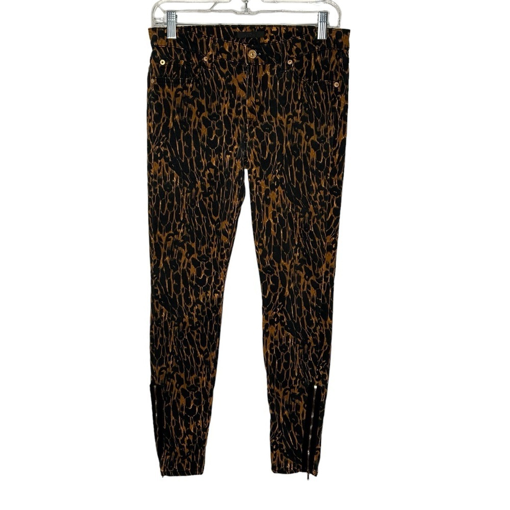 7 for All Man Kind Black/Brown Leopard Print Brushed  skinny pants Sz 29